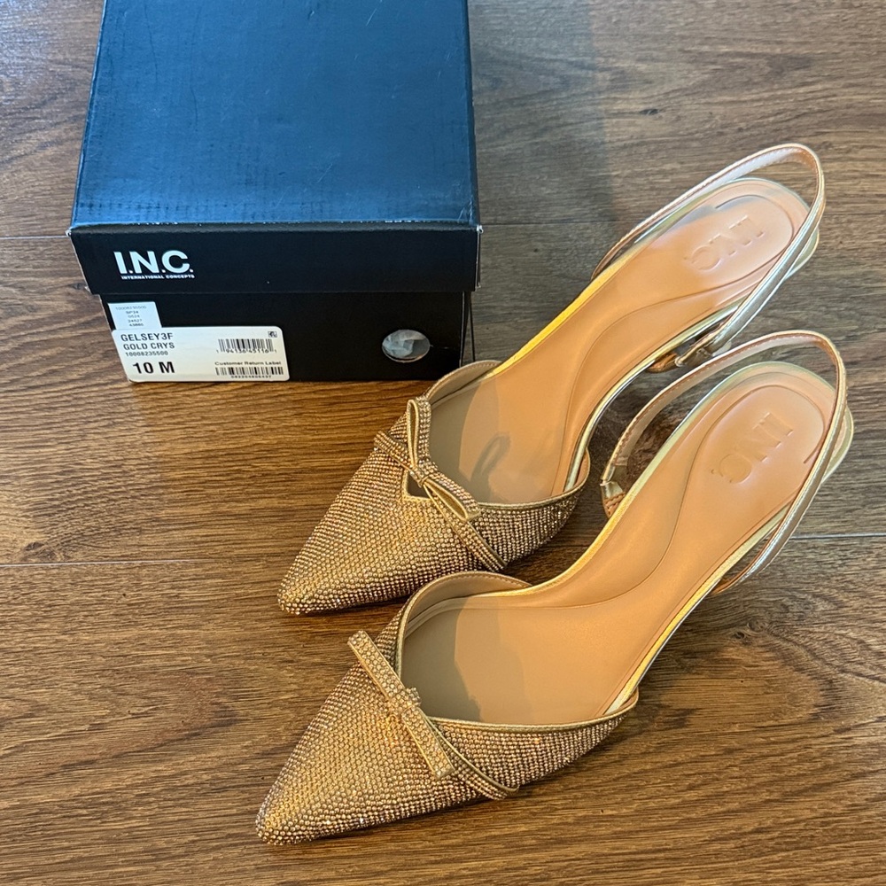 INC International Concepts Gold Pointed Slingback Pumps, Never Worn, Size 10